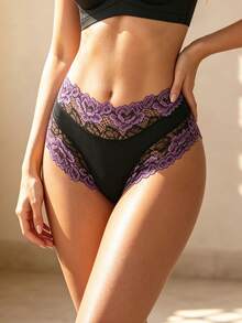 1 pezzo Slip in pizzo floreale in cotone, intimo sexy, comodo, traspirante ed elastico - Viola - Visualizzare 6