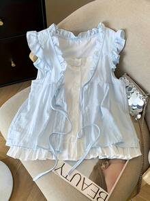 Elegante conjunto de dos piezas de imitación de camisa, vestido babydoll plisado, juvenil y holgado para mujer. - Azul - Ver 2