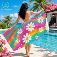 1pc Rainbow Wave Daisy Print Microfiber Beach Towel, Multiple Sizes Beach Blanket Sun Protection Towel, Lightweight, Suitable For Swimming, Camping, Sports, Beach Or Gym Beach Accessories | Modern Beach Towel | Durable Beach Mat, Beach Towel - Multicolor - View 2