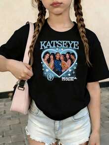 KATSEYE Printed Summer T-Shirts, Vintage Y2K Hip Hop Style, Short Sleeve T-Shirt, Summer Clothes For Girls, Toddler Girls' Clothes, Teen Clothes, Kids' Clothes - 粉色 - 查看 1