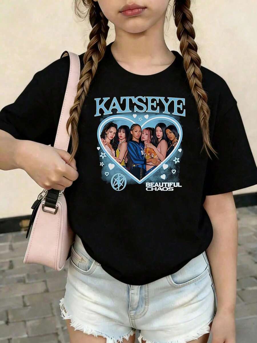 KATSEYE Printed Summer T-Shirts, Vintage Y2K Hip Hop Style, Short Sleeve T-Shirt, Summer Clothes For Girls, Toddler Girls' Clothes, Teen Clothes, Kids' Clothes - 粉色 - 查看 1