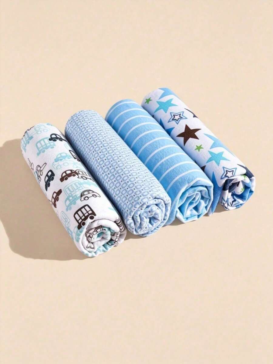 4pcs Multi-Color Newborn Swaddle Blanket Set. Single Layer Cartoon Swaddle Blanket, Printed Bed Sheet For Baby Warmth And Care, Neutral Baby Swaddle Blanket Set, Simple And Cute Design, Perfect Birth Gift For Baby - 藍色 - 查看 1