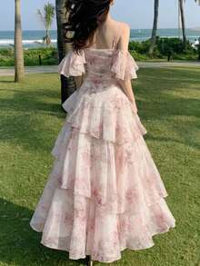 Women's Romantic Pink Floral Evening Cocktail Dress With Ruffle Hem, Elegant For Graduation Prom, Tea Party, Wedding Guest, Holiday Beach Fall - Baby Pink - View 3