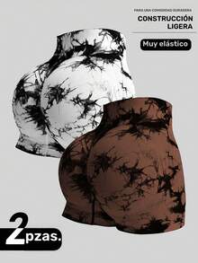 2-Piece Set Of Tie-Dyed Three-Quarter Length Athletic Shorts - Brown - View 1