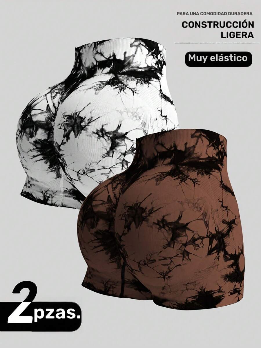 2-Piece Set Of Tie-Dyed Three-Quarter Length Athletic Shorts - Brown - View 1