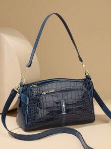 Retro Minimalist Printed Crossbody Bag With Adjustable PU Strap, Flap Closure , New Year - Azul - Ver 1