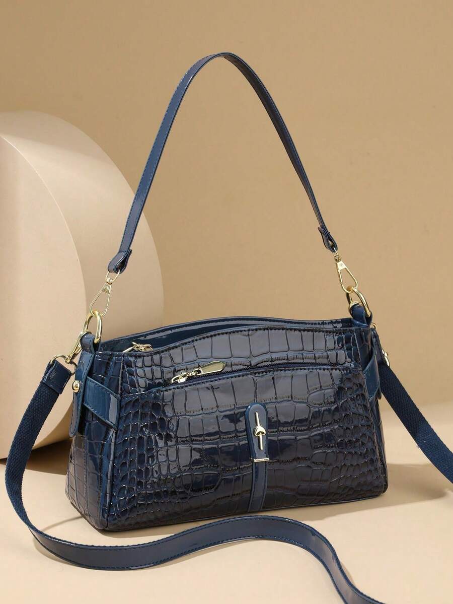 Retro Minimalist Printed Crossbody Bag With Adjustable PU Strap, Flap Closure , New Year - Azul - Ver 1