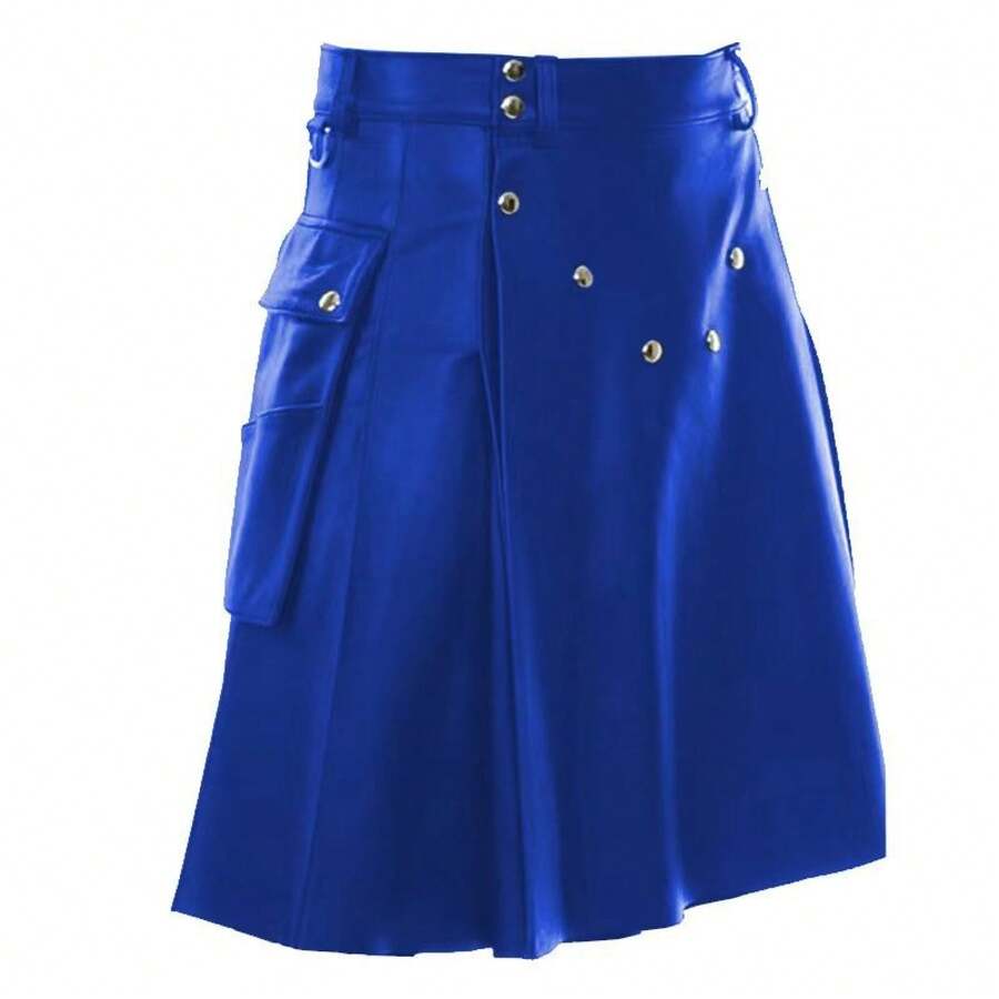 Men's Festive Tartan Skirt, Men's Multicoloured Pleated Leather Skirt - Blue - View 1