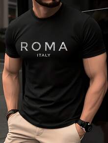 Men's Short-Sleeved T-Shirt, Lightweight And Elegant, With A Round Neck Design, Simple And Exquisite "ROMA ITALY" Print, Modern And Simple Design. - 黑色 - 查看 1