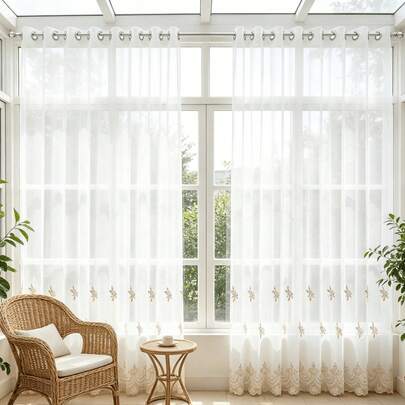 1PC Perforated European Lace Embroidered Semi-Sheer Gauze Curtain, Living Room Dining Room Bedroom Balcony Window Curtain, White Embroidered Gauze Curtain For Living Room And Bedroom