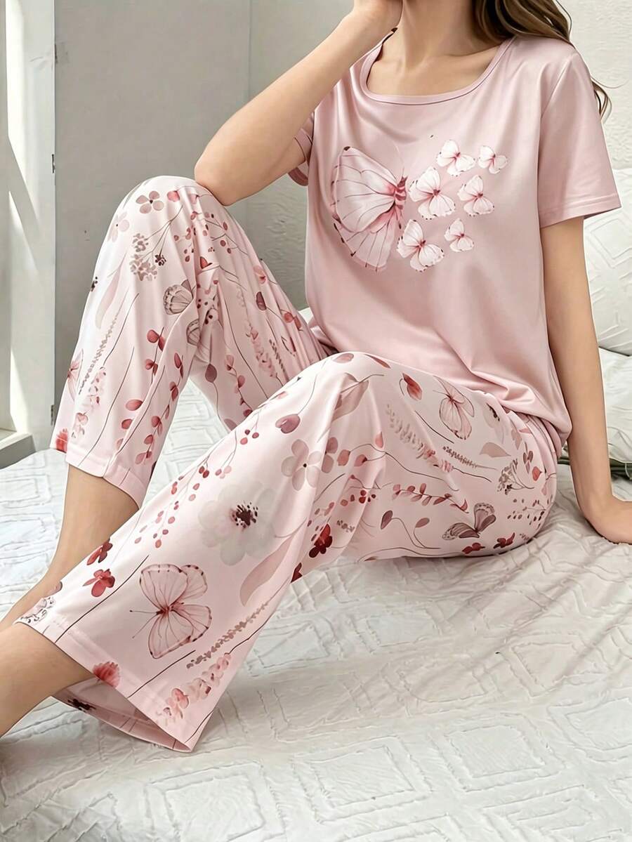 休閒舒適蝴蝶印花短袖長褲女款居家服2件式睡衣套裝 - 粉色 - 查看 1
