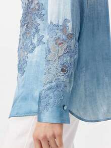Rich Radi Q's Elegant Women's Long Sleeve Blouse With Contrast Lace And Hollow-Out Details, Blue Regular Hem Shirt Collar Top - Blue - View 8