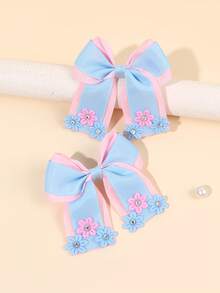 2pcs Back To School Blue & Pink Satin Bow Hair Clips, Crocodile Clips For Girls, Summer Casual Daily Hair Accessories - Multicolor - View 4