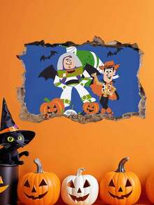 Disney Fashion Seasonal Wall Mural Decor "Buzz Lightyear & Woody" Combination, Unique Rough Cracked Wall Visual Effect, Pumpkin Ghost Bat Theme Pattern, Multi-Space Universal Layout Decoration, Suitable For Bedroom Hallway Apartment, Halloween Scene Gift Room Decor Home Decor Halloween Decor - Wall Sticker - K1 - View 7