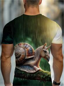 Camiseta de manga corta y cuello redondo para hombre con diseño de caracol y caballo |   Estampado de selva tropical, ligera y duradera, perfecta para actividades al aire libre y uso casual, - Negro - Ver 2