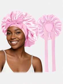 1pc Women's Elastic Ribbon Satin Round Cap, Sleeping Hat, Makeup Cap, Suitable For Daily Use Sleep Bonnet,Summer,Beach,Holiday,Travel - Pink - View 13