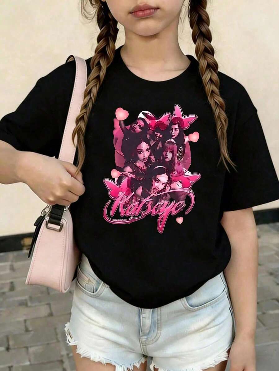 KATSEYE Printed Summer T-Shirts, Vintage Y2K Hip Hop Style, Short Sleeve T-Shirt, Summer Clothes For Girls, Toddler Girls' Clothes, Teen Clothes, Kids' Clothes - 珊瑚粉 - 查看 1