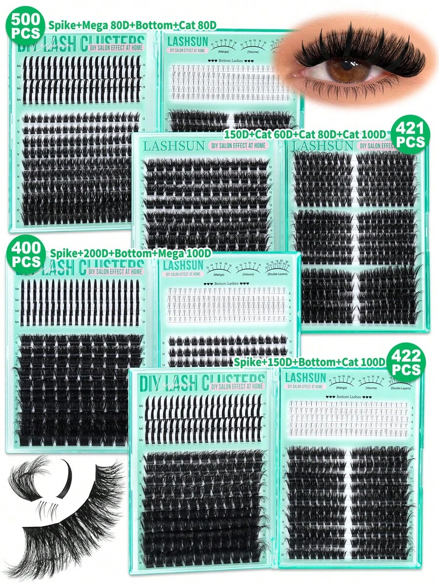 Lashsun 多款可選:500/422/421/400片 D捲度 5-21mm 混合長度 9款式 底部/尖端/Mega/貓眼/豐盈 粗款 3D多層假睫毛,適合初學者與熟手,居家DIY輕鬆操作,日常妝容易貼 - D - 查看 1