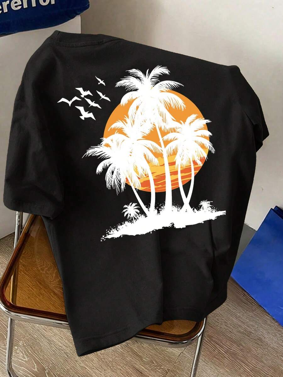 ChristmasMen's New Style Cotton Crew Neck Short Sleeve-Shirt With Tree Sunset Print, Suitable Vacation, Leisure,Hot Item