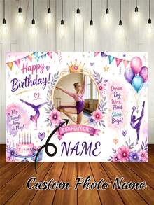 Customizable Name Photo Age Gymnastics Girl & Ballerina Theme Happy Birthday Watercolor Gymnastics Pose Silhouette, Triangle Bunting, Balloons, Floral Cake Elements, Encouraging Slogan Matching Gymnastics Dream Theme, Suitable For Gymnastics & Ballet Girl Birthday Party, Training Team Celebration, Sports Theme Photo Backdrop Vinyl Banner - Multicolor - View 1