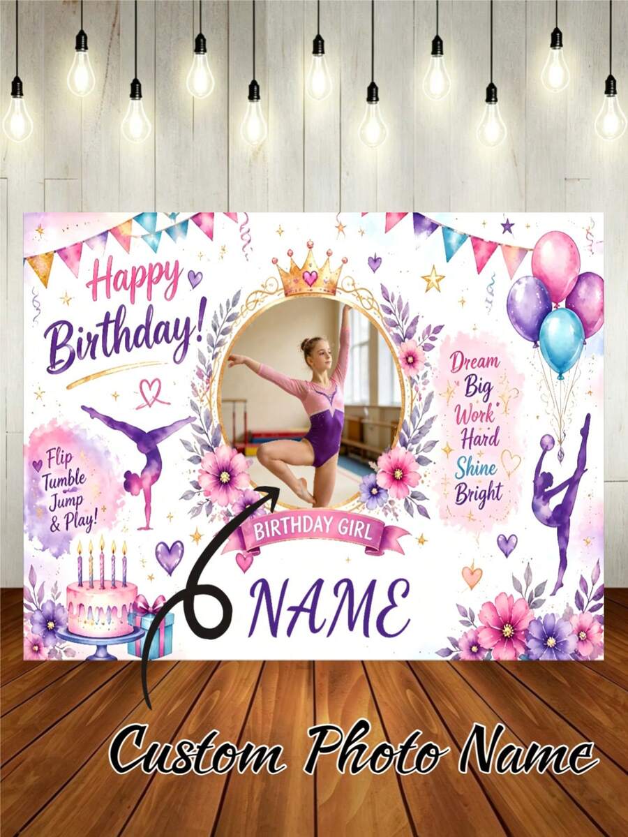 Customizable Name Photo Age Gymnastics Girl & Ballerina Theme Happy Birthday Watercolor Gymnastics Pose Silhouette, Triangle Bunting, Balloons, Floral Cake Elements, Encouraging Slogan Matching Gymnastics Dream Theme, Suitable For Gymnastics & Ballet Girl Birthday Party, Training Team Celebration, Sports Theme Photo Backdrop Vinyl Banner - Multicolor - View 1