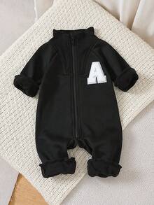 Infant Boys Neutral Zipper Stand Collar One-Piece Romper, Letter A Embroidered Long Sleeve Sweatshirt Jumpsuit, Casual Baby All-In-One Autumn Spring Outfit - Black - View 1