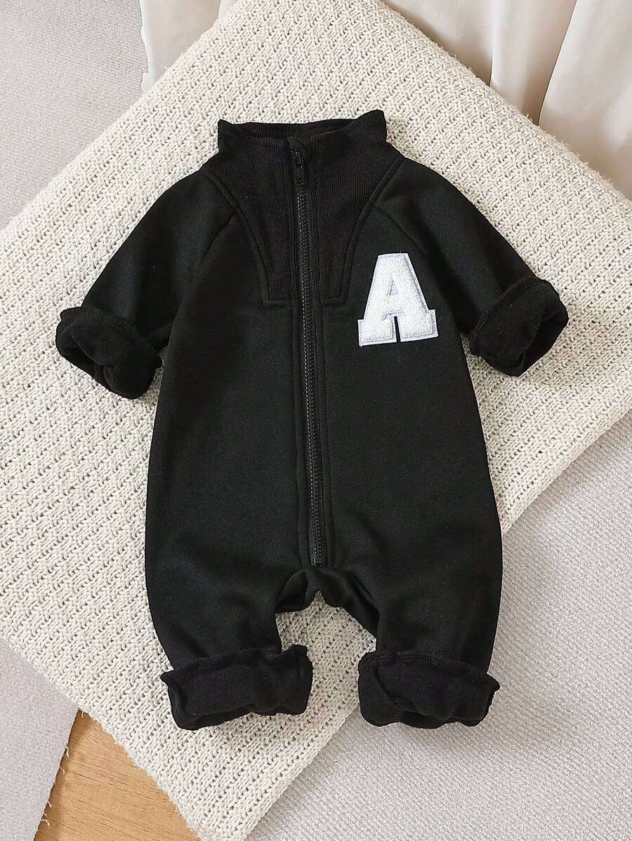 Infant Boys Neutral Zipper Stand Collar One-Piece Romper, Letter A Embroidered Long Sleeve Sweatshirt Jumpsuit, Casual Baby All-In-One Autumn Spring Outfit - Black - View 1