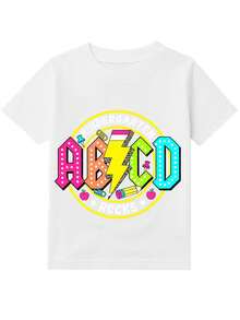 Short Sleeve T-Shirt For Boys And Girls With ABCD Letter Print And Lightning Bolt Kindergarten Rocks Retro Style Fun For Back To School - White - View 3