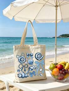 Shell Blue Floral Sweet Style Printed Tote Bag, Lightweight Foldable Shopping Bag, Suitable For Shopping And Daily Activities - Multicolor - View 17