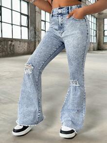 Girls' Vintage Washed Denim Jeans, Fashion Distressed Flare Leg Design, Streetwear, Campus, College Style - Blue - View 4