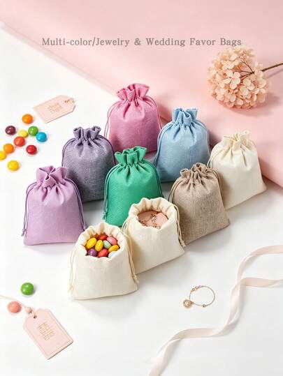 10/20/50pcs Linen Drawstring Bags, Multi-Color Faux Linen Drawstring Pouches, Portable Jewelry Storage Bags Wedding Candy Gift Bags Packaging Bags, Suitable For Jewelry Storage, Wedding Party, Candy Collection, Souvenir Gift Bags