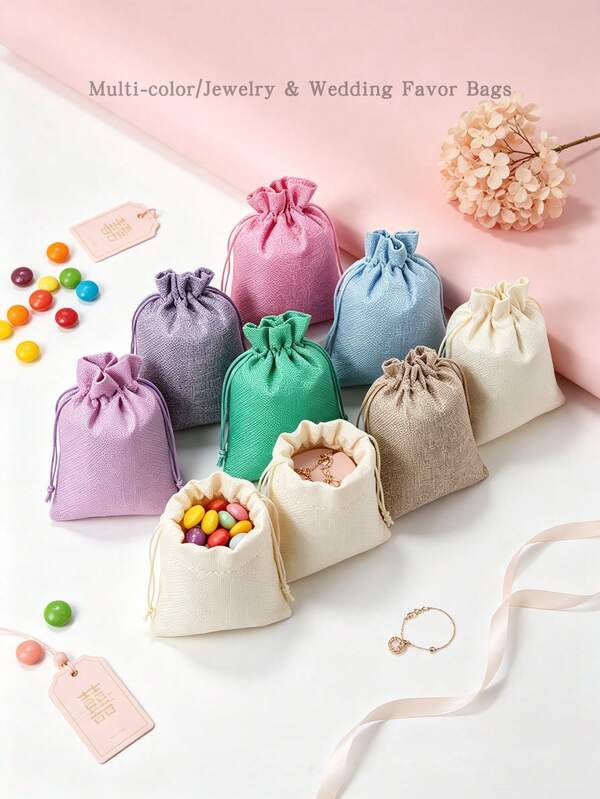 10/20/50pcs Linen Drawstring Bags, Multi-Color Faux Linen Drawstring Pouches, Portable Jewelry Storage Bags Wedding Candy Gift Bags Packaging Bags, Suitable For Jewelry Storage, Wedding Party, Candy Collection, Souvenir Gift Bags