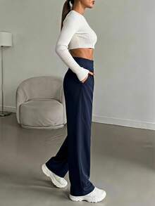 High Waist Wide Leg Palazzo Pants - Navy Blue - View 3