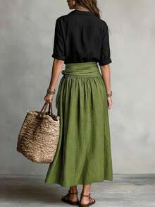 Women's Casual Elegant Green Midi Dress, Tie-Waist Layered Ruffle Design, Non-Stretch Woven Fabric, Suitable For Autumn/Winter - Army Green - View 3