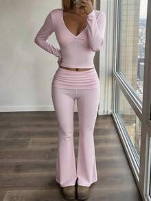 2pcs Women Y2K Casual Daily Solid Color Minimalist Long Sleeve V-Neck Top And Skinny Pants Set, Autumn Pink Spring Elegant - 粉色 - 查看 8
