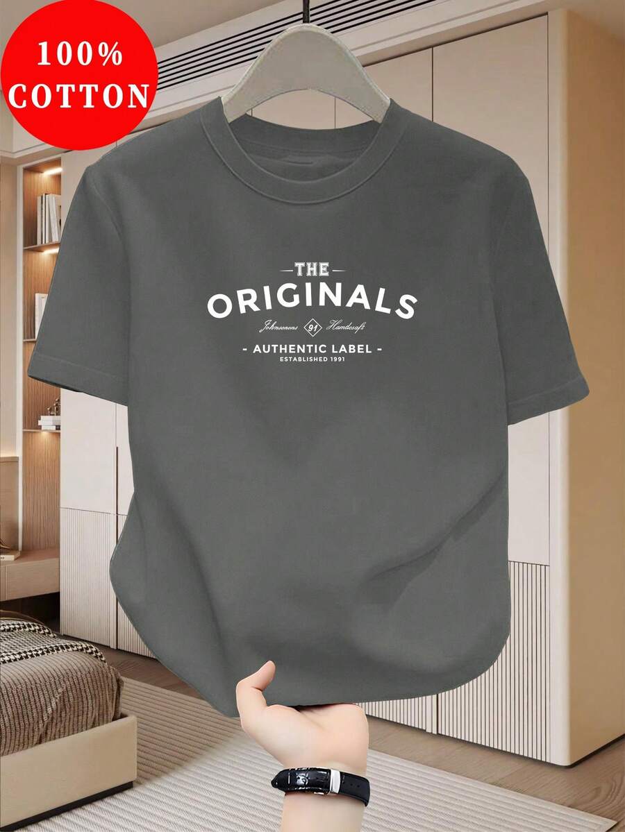 Men's 100% Cotton T-Shirt, Cotton Material - Breathable And Sweat-Absorbent, Casual Round Neck, With Letter Print, Men's Summer Urban Clothing Top. - 深灰色 - 查看 1