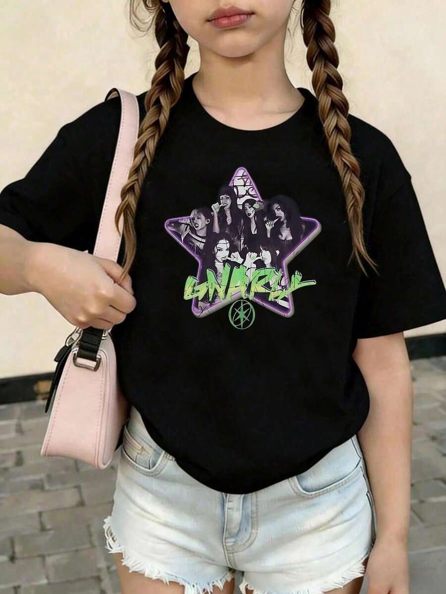 KATSEYE Printed Summer T-Shirts, Vintage Y2K Hip Hop Style, Short Sleeve T-Shirt, Summer Clothes For Girls, Toddler Girls' Clothes, Teen Clothes, Kids' Clothes - 鏽棕色 - 查看 1