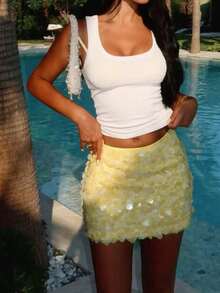 Minifalda de estilo punk con decoración de lentejuelas, nueva para mujer en verano, para vacaciones - Amarillo 1 - Ver 1