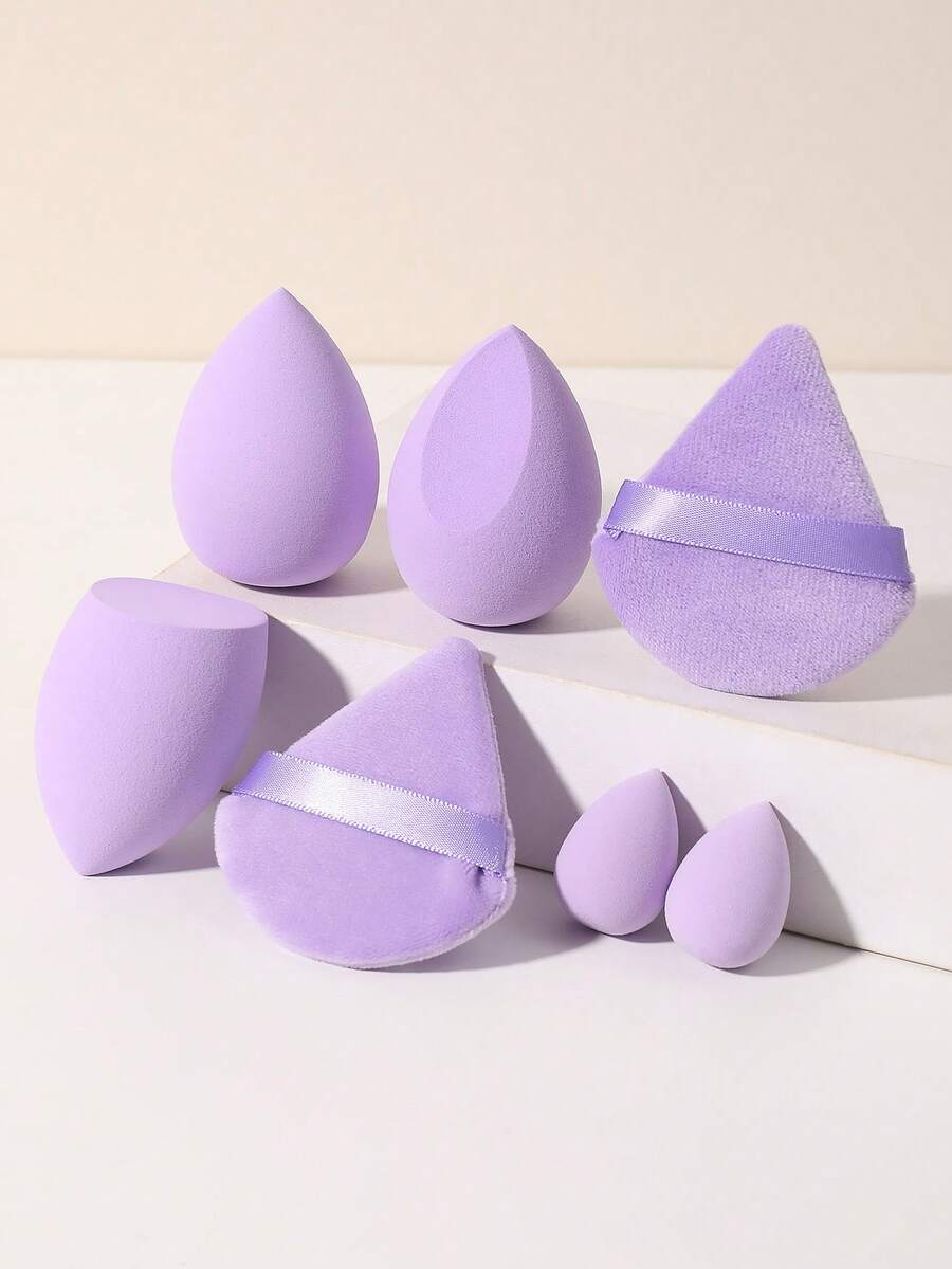 2 Colors Black Purple Beauty Sponge & Triangle Velvet Powder Puff Set Dry Wet Dual Use Makeup Blending Sponge For Foundation Concealer Loose Powder Cosmetic Tools - Purple - View 1