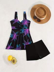 Nuevo conjunto de traje de baño tankini con falda estampada  para mujer, traje de baño ajustado para mujer, tankini con estampado tropical - Morado - Ver 3