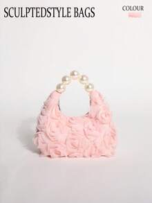 3D stereoskopische Rosenblumen Hobo-Tasche, Premium Perlen-bestickte Handtasche, süßer Stil Damen-Tragetasche, rosa Mesh-Jacquard elegante Handtasche - Pink - Übersicht 10
