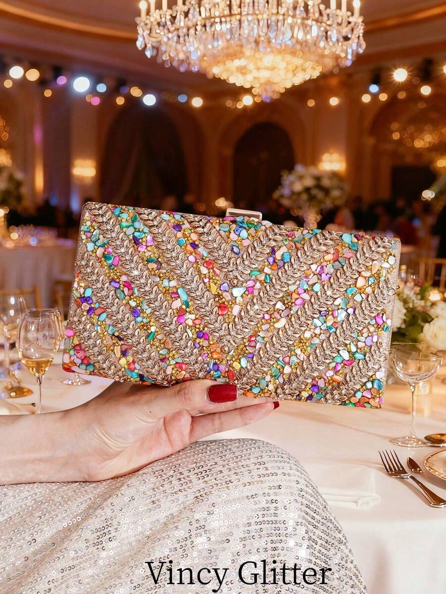 Handmade Evening Clutch/Handbag With Glitter And Rhinestone Embellishments, Party Bag, Cosmetic Bag, Shoulder Bag With Strap, Fashion Handbag - 米色 - 查看 1