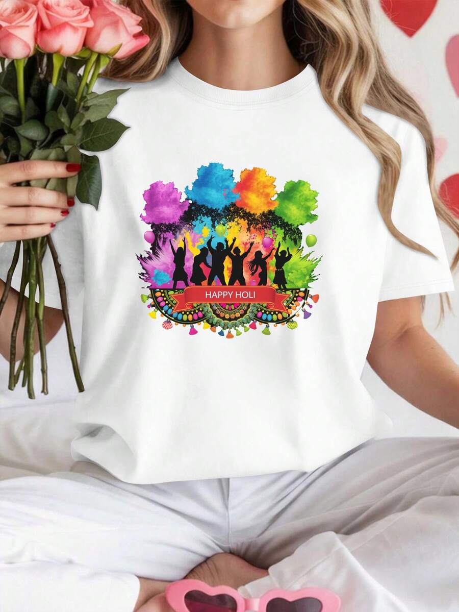 NEW Women's Pure Cotton T-Shirt With Dynamic And Colorful Holly Design, Comfortable Fit - Vintage Urban Style, Unisex Short Sleeve Crew Neck Loose Cotton T-Shirt - 白色 - 查看 1
