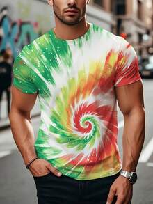 1 Camiseta de manga corta para hombre, tejido de poliéster ligeramente elástico, estampado de patrón en espiral multicolor, estilo bohemio urbano, uso para todas las estaciones, ropa de vera - Negro - Ver 1