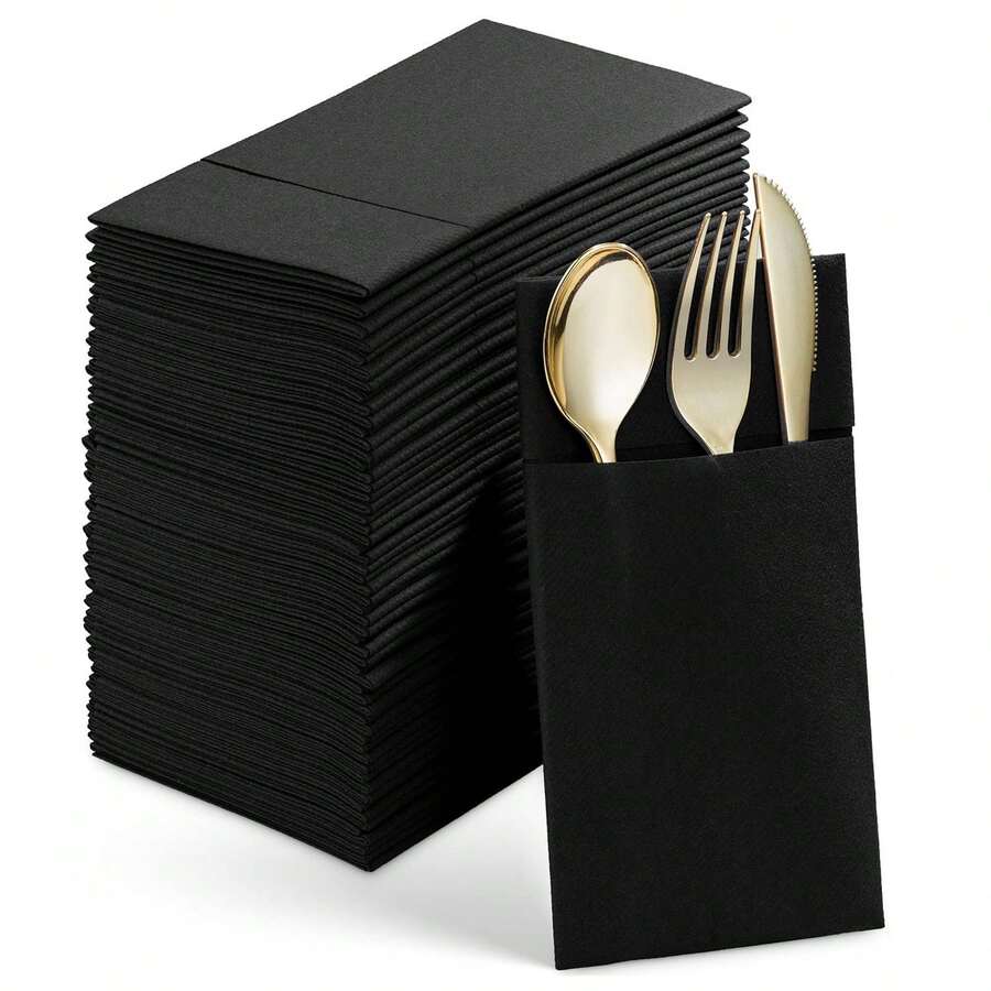 50PCS Disposable Dinner Napkins With Built-In Flatware Pocket,Prefolded Cloth Like Paper Napkins For Wedding Party Black - Multicolor - View 1