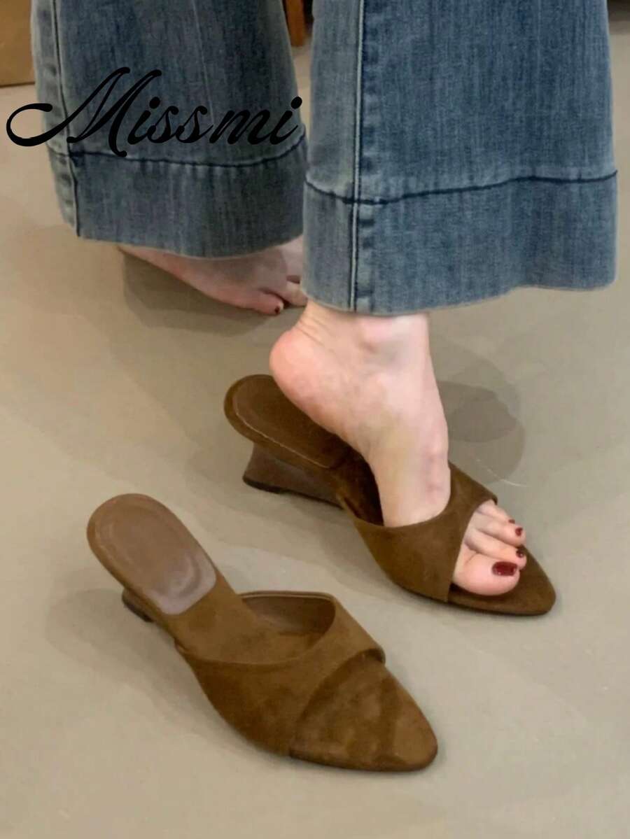 Women's Pointed Toe Wedge Slippers Sandals New Summer Slide Sandals Niche Design High Heel Shoes - Brown - View 1