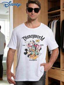Disney 1件男士宽松短袖T恤，可爱米奇米妮和朋友们卡通印花，圆领弹力面料，适合日常穿着，易打理面料，时尚休闲男士T恤 - 白色 - 查看 1