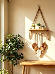 1pc Wall Shelf Bohemian Style Woven Hemp Rope Leaf Tassel Wall Shelf Wall Storage Rack Handmade Hemp Rope Wall-Mounted Shelf Succulent Aromatherapy Hanging Flower Pot Holder Entryway Jewelry And Key Display Rack For Living Room Bedroom Study Decors - Multicolor - View 3