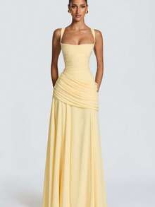 Elegant Women's Casual Party Dresses, Solid Color Strapless Sleeveless Fitted Waist Full Skirt European American Style Prom Dress - 黃色 - 查看 4