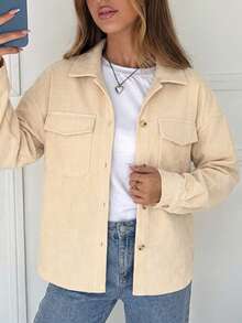 Women's Ribbed Corduroy Shacket With Pockets And Shirt Collar, Long Sleeve Regular Fit Woven Outerwear, Suitable For Autumn/Winter - Apricot - View 4